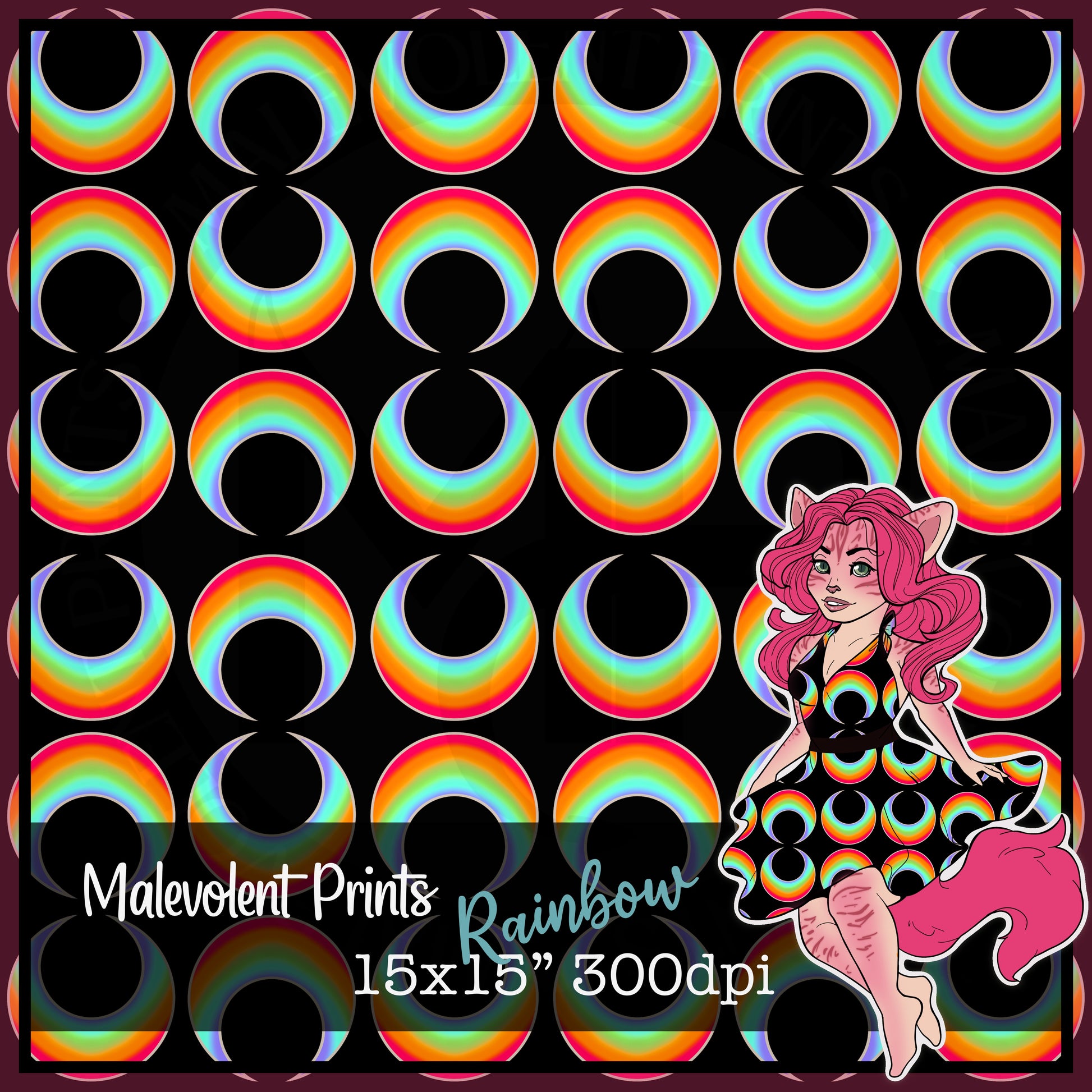 Pattern of rainbow-colored crescent moons on a black background