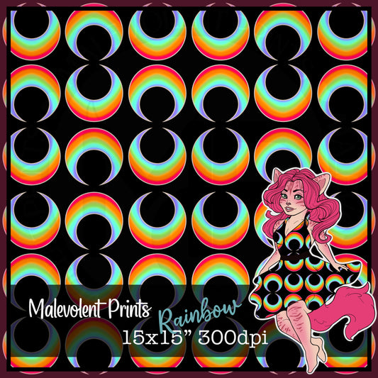 Pattern of rainbow-colored crescent moons on a black background