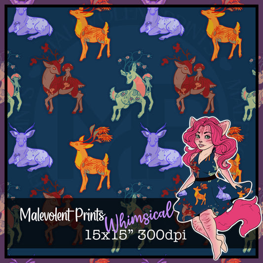 Colorful deer illustrations  on a dark blue background, entitled: Whimsical